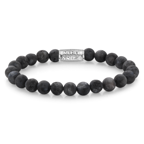 Pulsera de cuentas de 8 mm en gris mate con detalle plateado y logotipo.