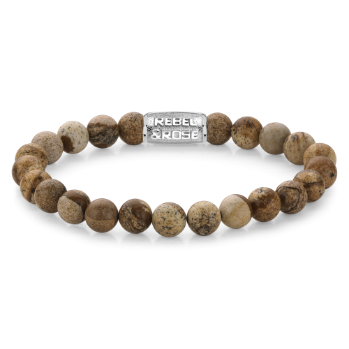 Pulsera de cuentas de 8 mm en tonos marrones con detalle metálico plateado.