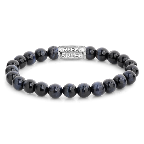Pulsera de cuentas para hombre de 8 mm en tonos azul oscuro con detalle metálico plateado.