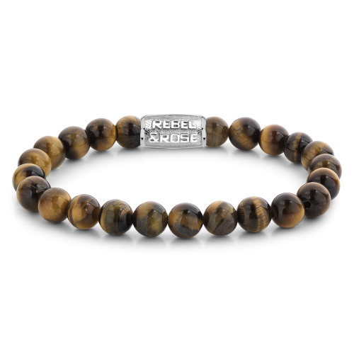 Pulsera de cuentas para hombres de 8 mm en piedra ojo de tigre con detalle metálico.