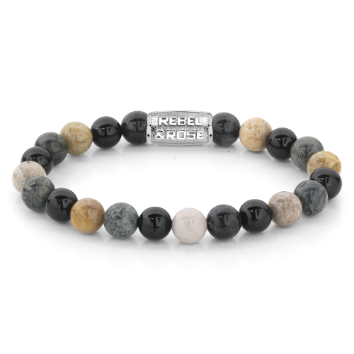 Pulsera de cuentas para hombre de 8 mm con piedras en tonos gris, negro y beige, y detalle metálico.