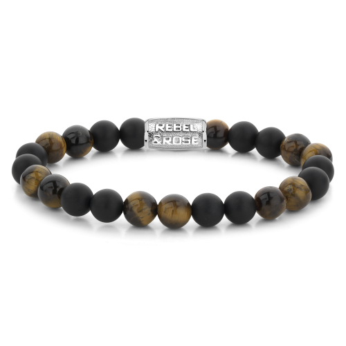 Pulsera de cuentas para hombre de 8 mm, con cuentas negras mate y cuentas de tigre, detalle metálico.