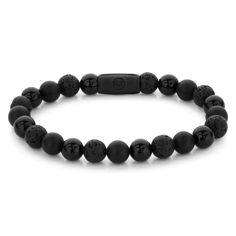 Pulsera de cuentas negra de 8 mm para hombre, con cuentas de lava y ónix, diseño todo negro.