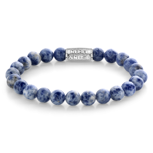 Pulsera de cuentas para hombre de 8 mm en azul Delft con detalles en plata.