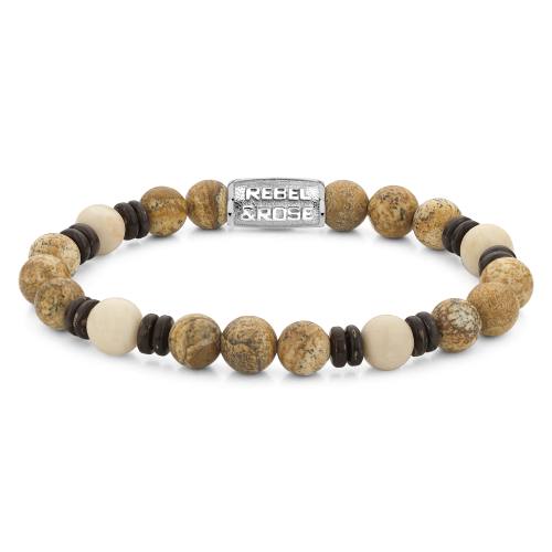 Pulsera de hombre con cuentas de 8 mm en tonos marrones y beige, con detalles en metal.