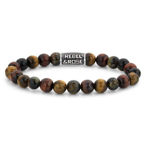 Pulsera de cuentas de 8 mm para hombres, con cuentas de piedra jaspe en tonos marrones y negros.