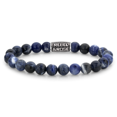 Pulsera de cuentas para hombre de 8 mm en tonos azul marino, con detalle metálico en el centro.