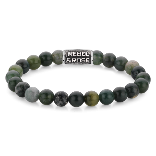Pulsera de cuentas de 8 mm en tonos verdes con detalle plateado en el centro.