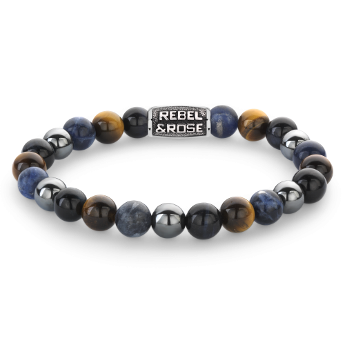 Pulsera de cuentas para hombres de 8 mm en tonos azules y negros con detalle metálico.