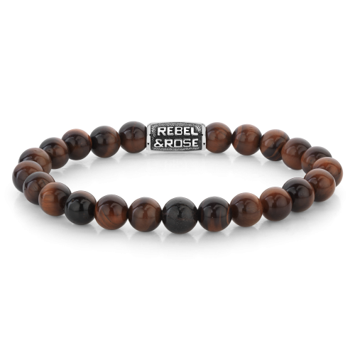 Pulsera de cuentas para hombre de 8 mm en tonos rojo y negro con detalle metálico.