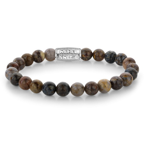 Pulsera de cuentas para hombre de 8 mm en tonos marrones y grises con detalle metálico.