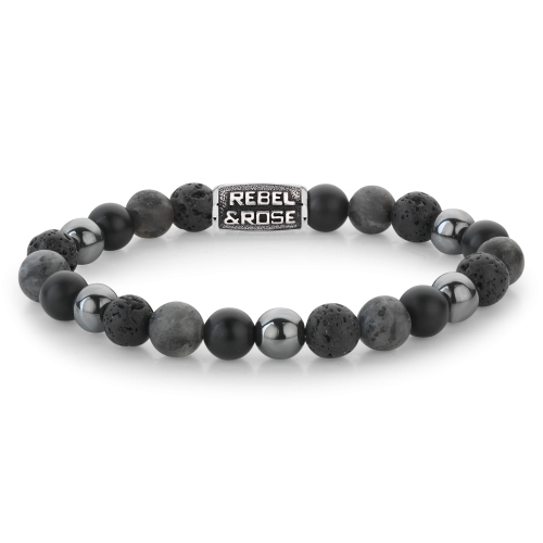 Pulsera de cuentas para hombres de 8 mm en tonos grises, con detalles en metal y logo.