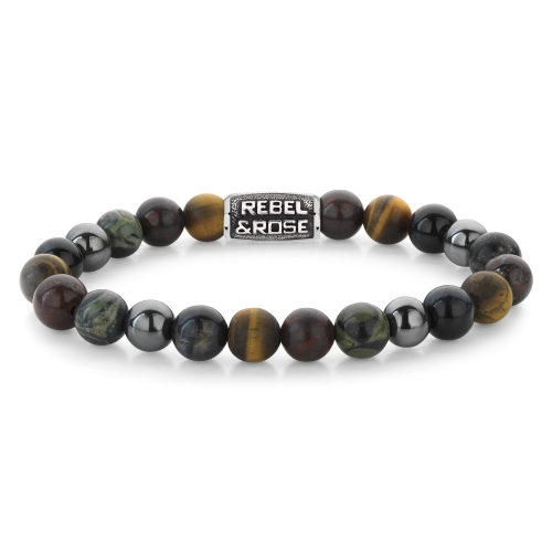 Pulsera de cuentas de 8 mm para hombres, con cuentas de piedra en tonos marrones y negros, y detalle metálico.