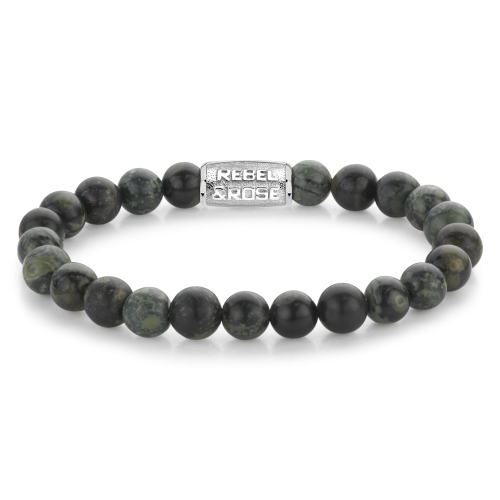 Pulsera de cuentas de 8 mm en tonos verdes y negros con detalle metálico en el centro.
