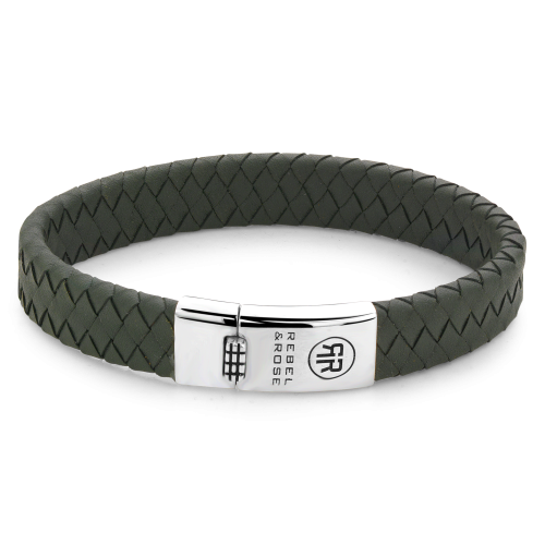 Pulsera trenzada plana de 925 con cierre plateado y color verde oscuro.