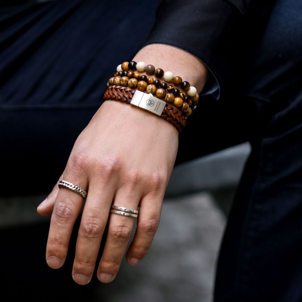 Pulsera de hombre de cuero trenzada mate cognac