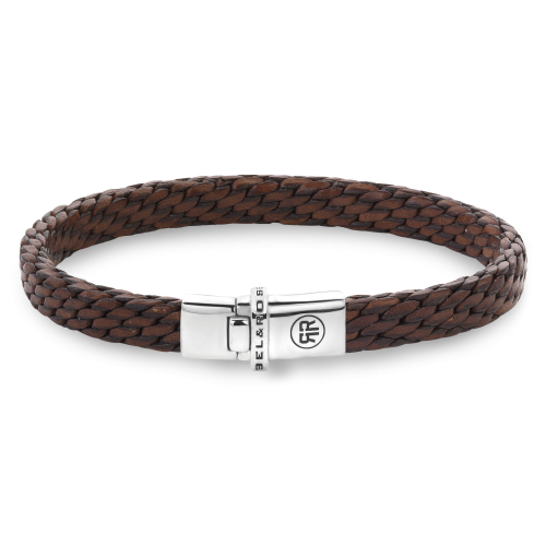 Pulsera de cuero trenzado en color cognac con cierre plateado.
