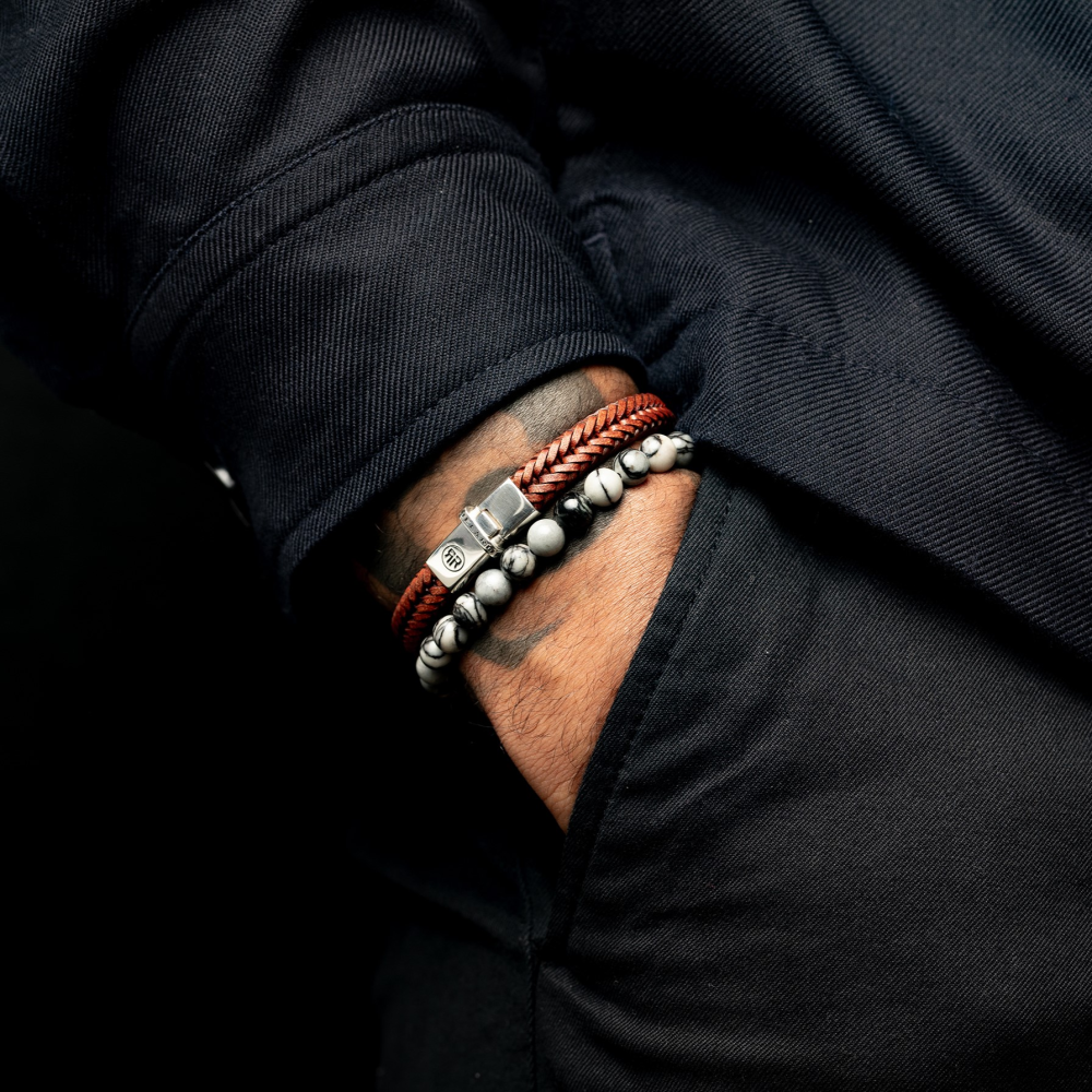 Pulsera de hombre de cuero trenzada pequeña Apollo Cognac