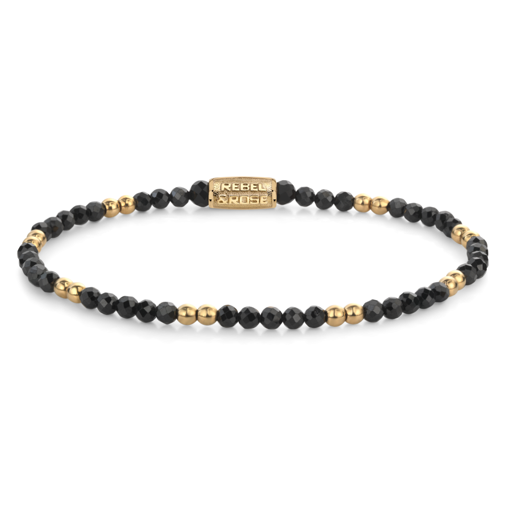 Pulsera de cuentas negras y doradas de 3 mm con detalles brillantes.