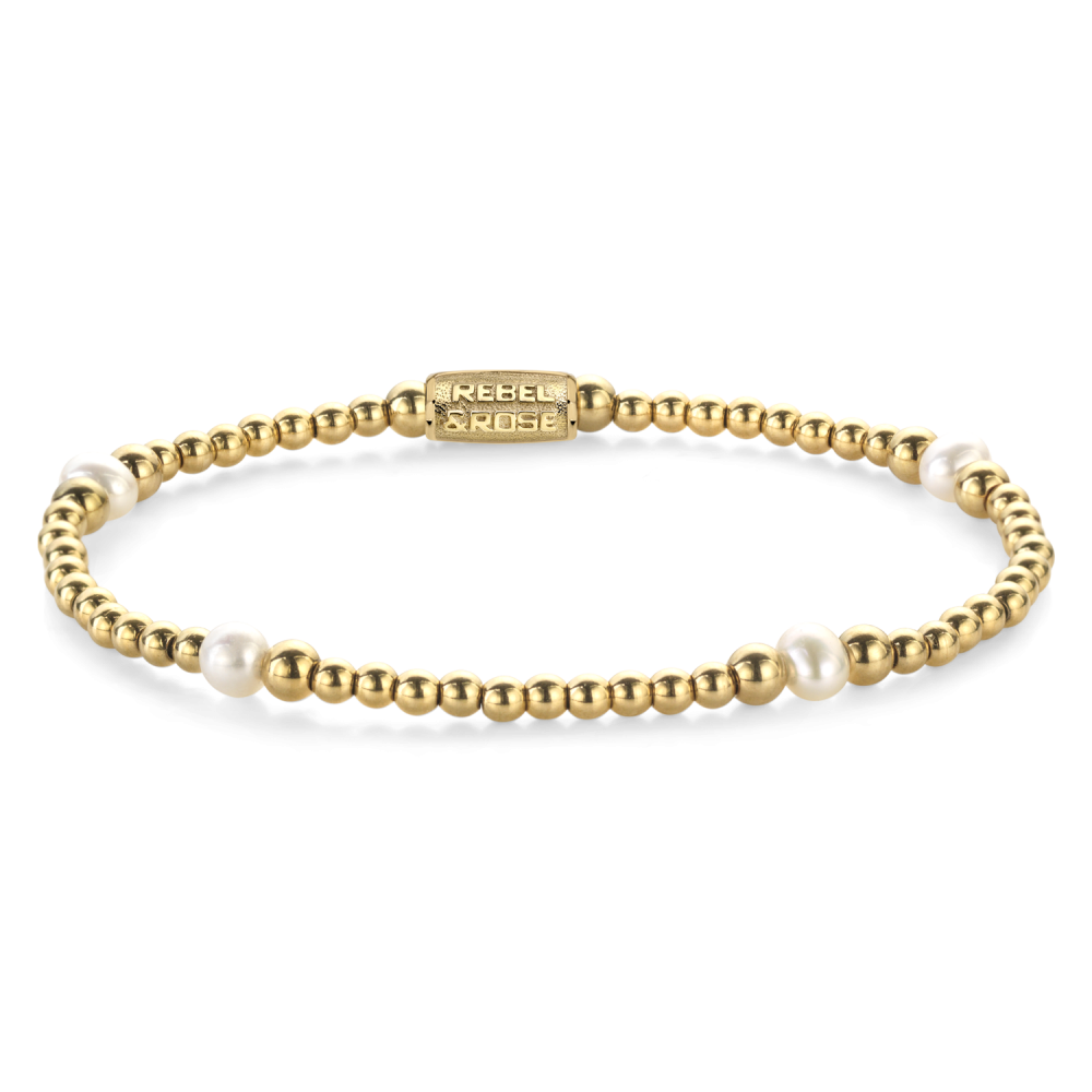 Pulsera de cuentas doradas con perlas blancas de 4 mm.
