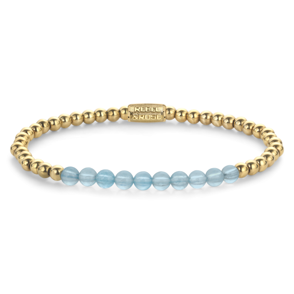 Pulsera de cuentas con perlas azules y detalles en oro amarillo de 4 mm.