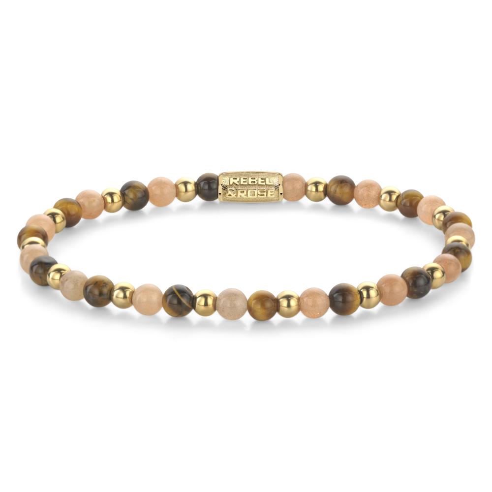 Pulsera de cuentas para damas con perlas de tonos cálidos y detalles en oro amarillo ionizado.