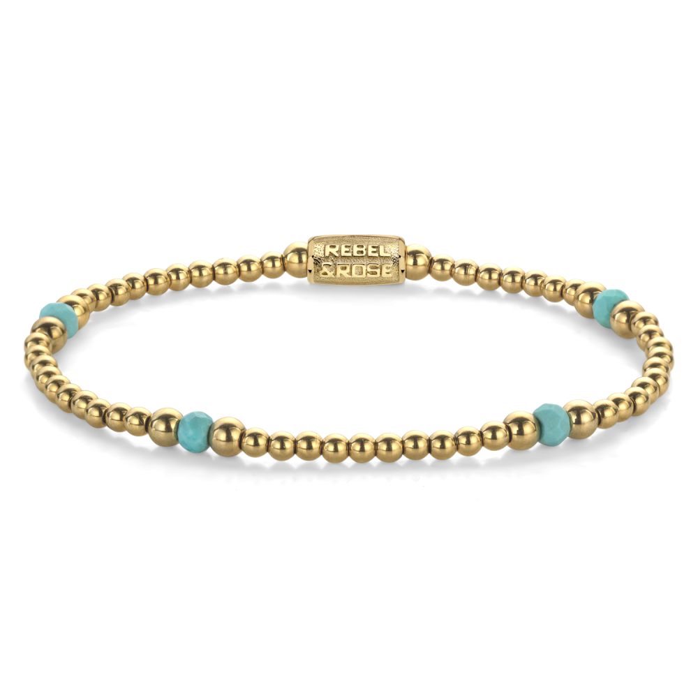 Pulsera de cuentas dorada con detalles en turquesa de 4 mm.
