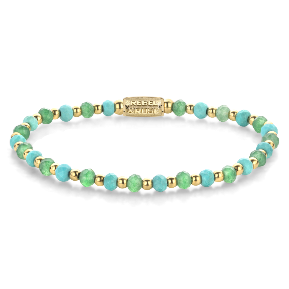 Pulsera de cuentas de 18 quilates con ionizado en oro amarillo, en tonos azul y verde.