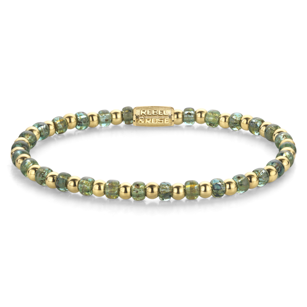 Pulsera de cuentas doradas y verdes de 4 mm con detalles brillantes.