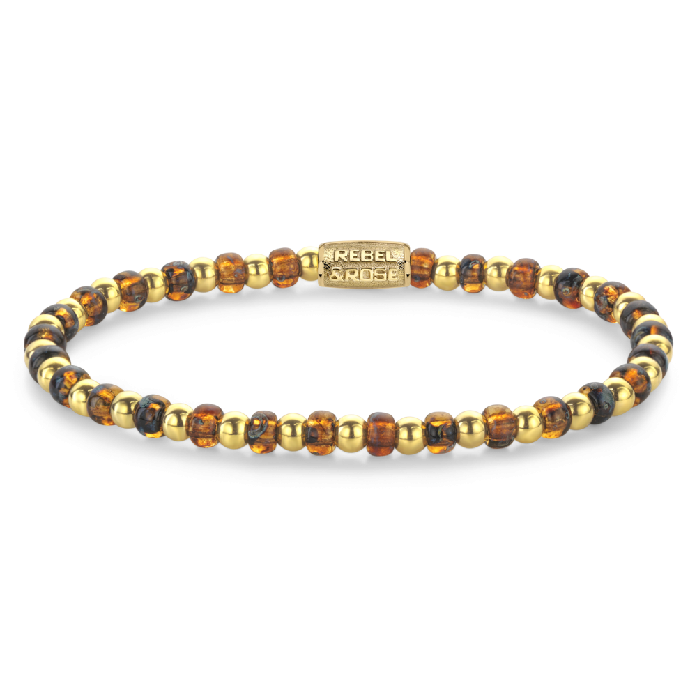 Pulsera de cuentas de vidrio en tonos ámbar y dorado de 4 mm.