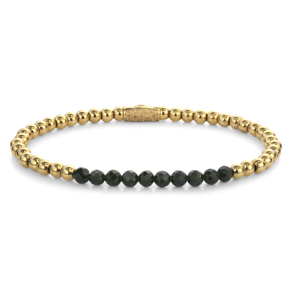 Kralenarmband voor dames met groene stenen en gouden kralen, 4 mm, met een glanzende afwerking.