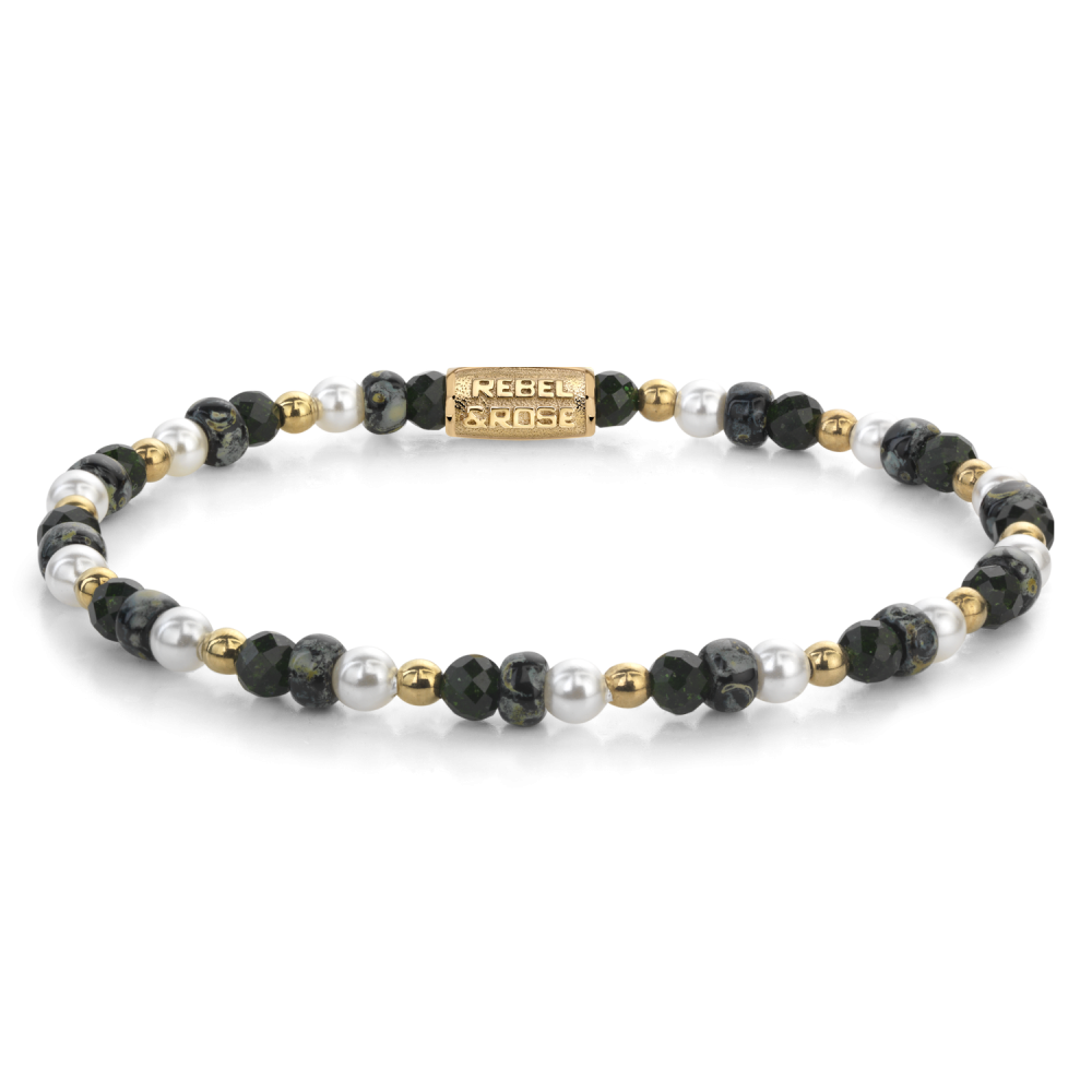 Pulsera de cuentas de 4 mm en tonos verdes y negros, con detalles en dorado y perlas blancas.