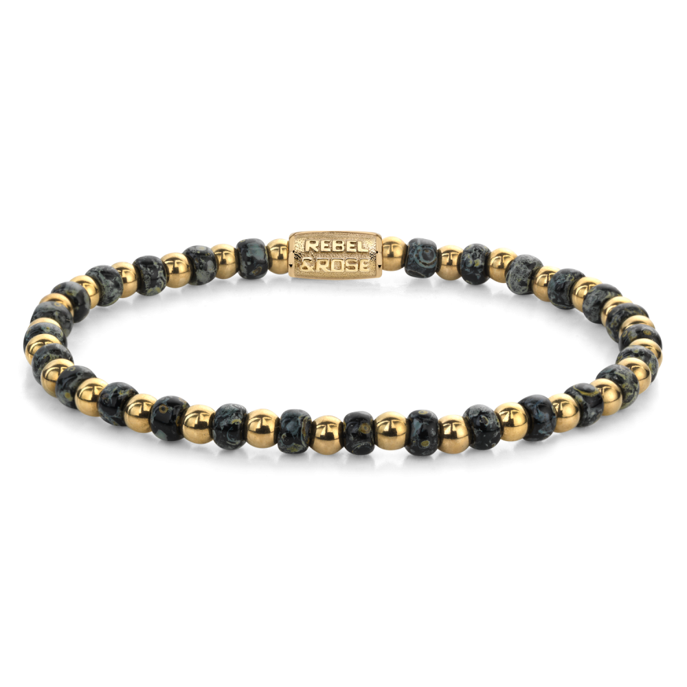 Pulsera de cuentas con piedras de vidrio negras y detalles dorados de 4 mm.
