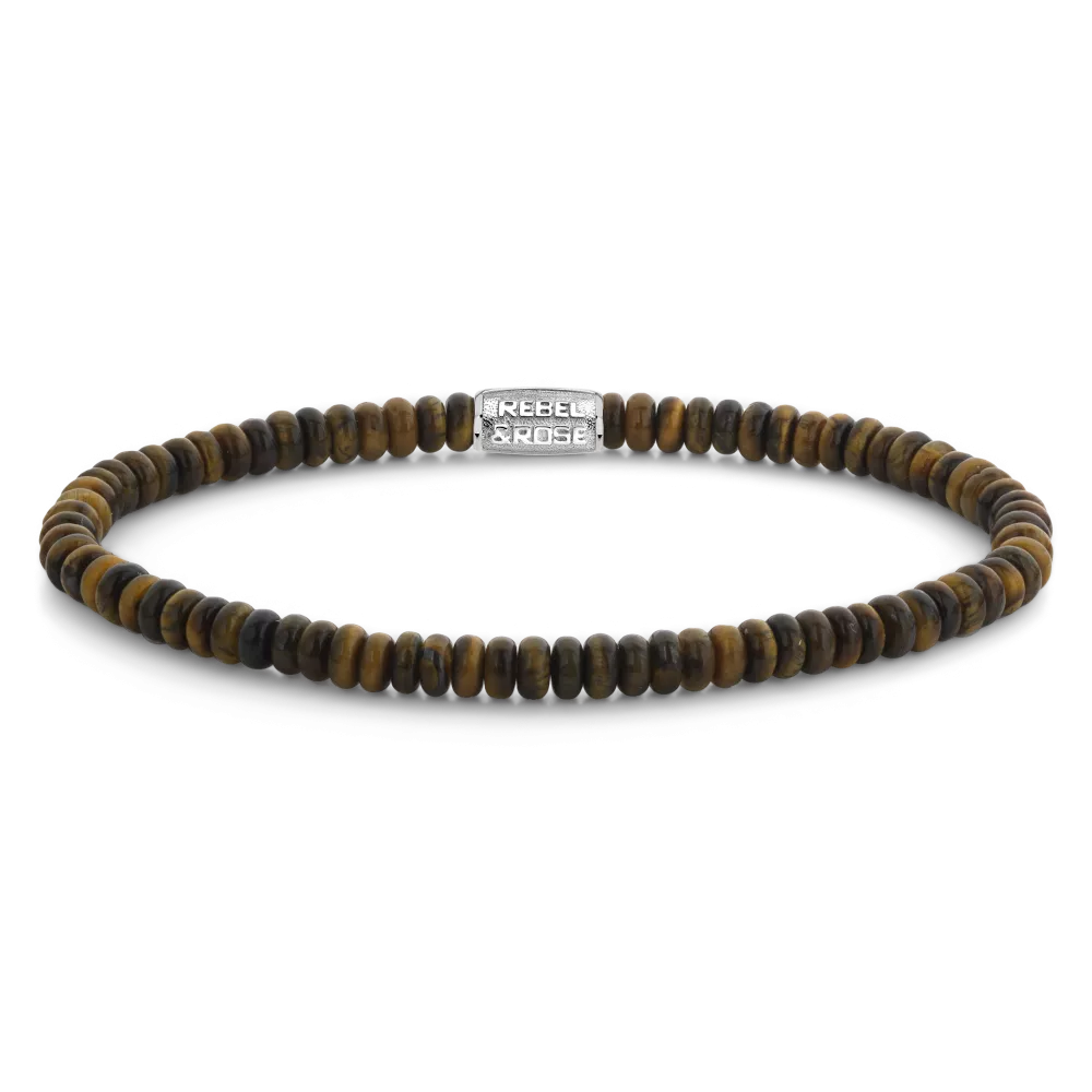 Pulsera de cuentas redondas de ojo de tigre en tonos marrones y dorados con detalles plateados.