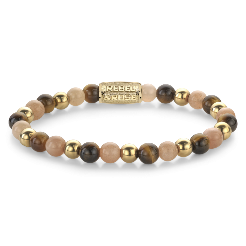 Pulsera de cuentas para damas con bolas de tonos marrones y doradas, y cierre dorado.