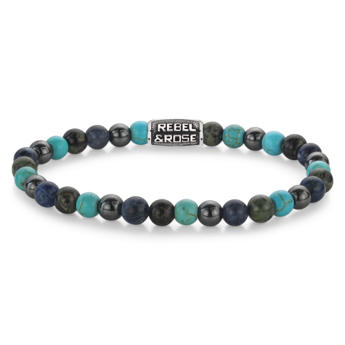 Pulsera de cuentas para hombre de 6 mm en tonos azules y verdes con detalles en hematita.