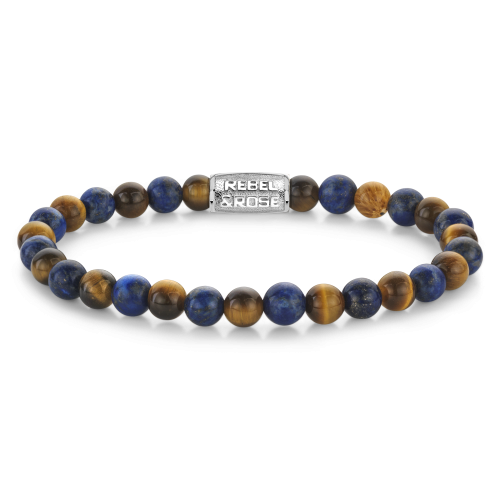 Pulsera de cuentas de 6 mm con lapislázuli y ojo de tigre, con detalle metálico en el centro.