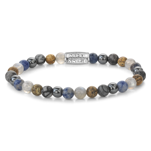 Pulsera de cuentas para hombre de 6 mm con piedras en tonos azules, grises y dorados.