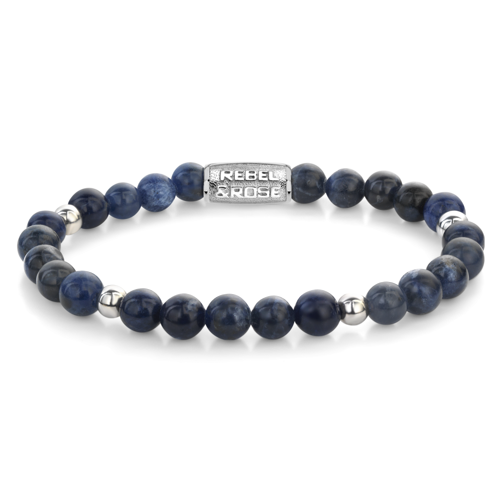 Pulsera de cuentas en azul medianoche de 6 mm con detalles plateados.