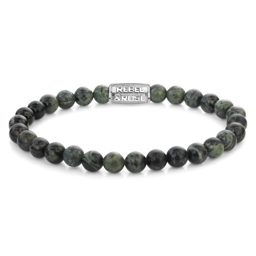 Pulsera de cuentas de 6 mm en tonos verdes y negros con detalle metálico rectangular.