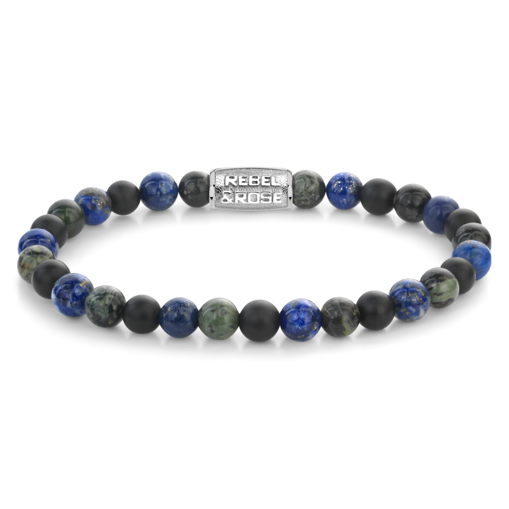 Pulsera de cuentas para hombre de 6 mm con cuentas en tonos azul y negro, detalle metálico en el centro.