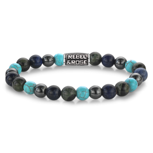 Pulsera de cuentas para hombres con bolas de 8 mm en tonos azul, negro y turquesa, con detalle metálico.