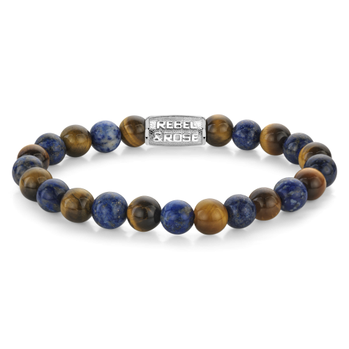 Pulsera de cuentas de 8 mm con lapislázuli y ojo de tigre, detalle metálico en el centro.