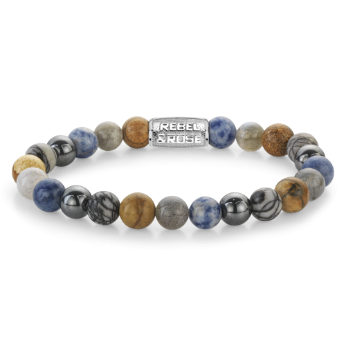 Pulsera de cuentas para hombres de 8 mm con piedras en tonos azules, grises y marrones, y detalle metálico.