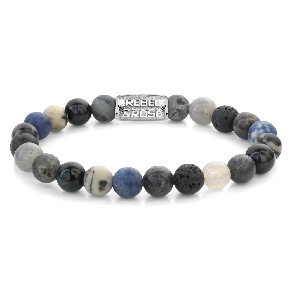 Pulsera de cuentas para hombre de 8 mm con piedras en tonos grises, azules y un detalle metálico.