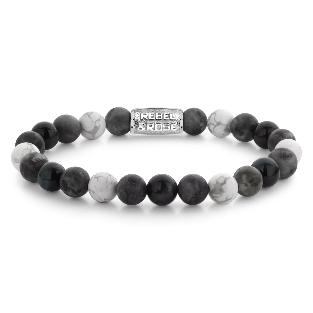 Pulsera de cuentas para hombre de 8 mm con piedras en tonos gris y negro, detalle metálico en el centro.