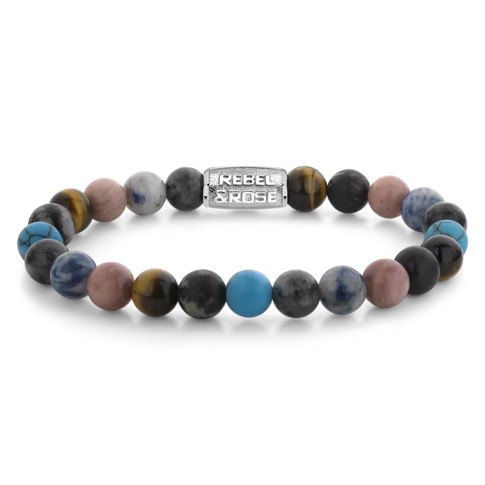 Pulsera de cuentas para hombres de 8 mm con piedras en tonos azul, negro, gris y rosa.