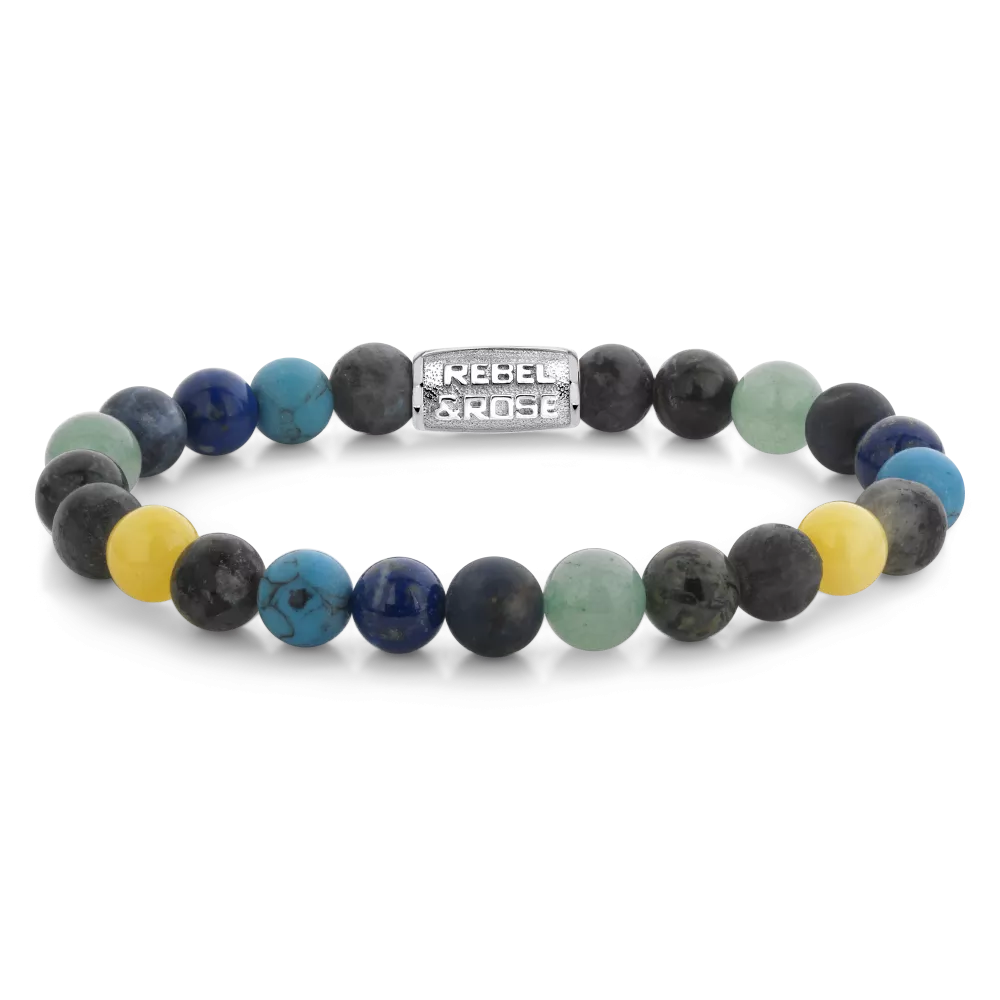 Pulsera de cuentas para hombre de 8 mm con piedras en tonos azul, verde, amarillo y gris.