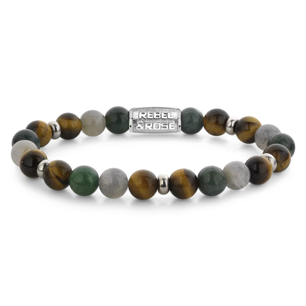 Pulsera de cuentas para hombre de 8 mm con piedras en tonos verdes, marrones y grises.