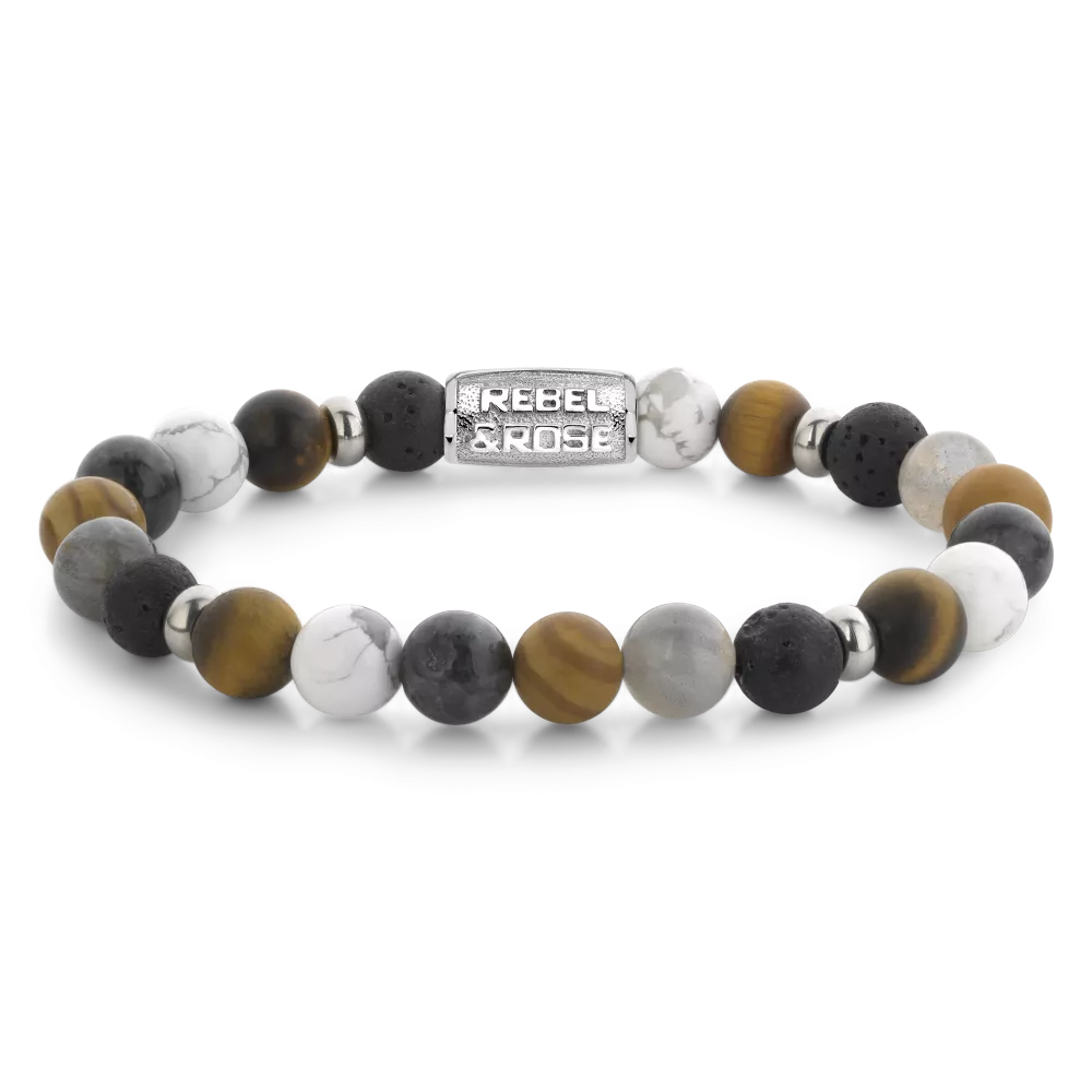 Pulsera de cuentas para hombre de 8 mm con piedras en tonos gris, negro y marrón, y detalles plateados.